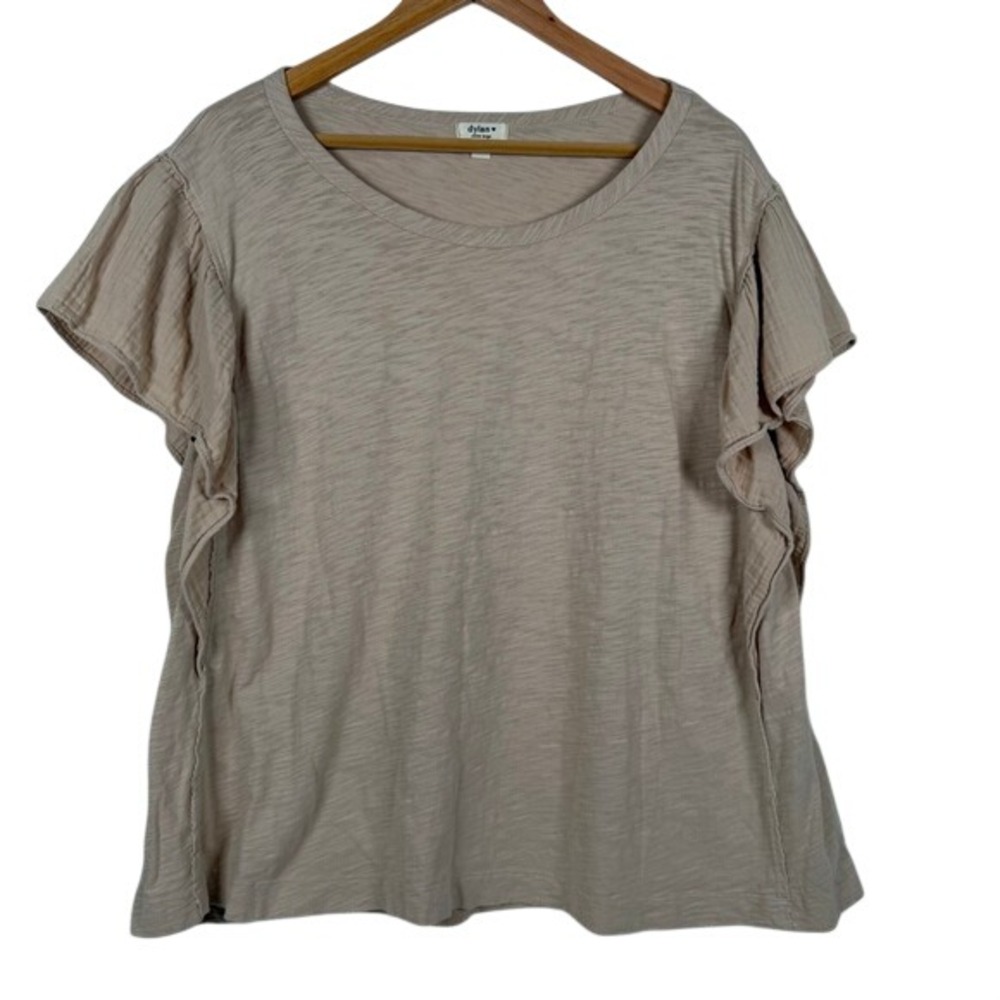 Dylan Ruffle Sleeve Top Womens XL Tan Slub‎ Knit Cotton Flutter Scoop Neck Boho